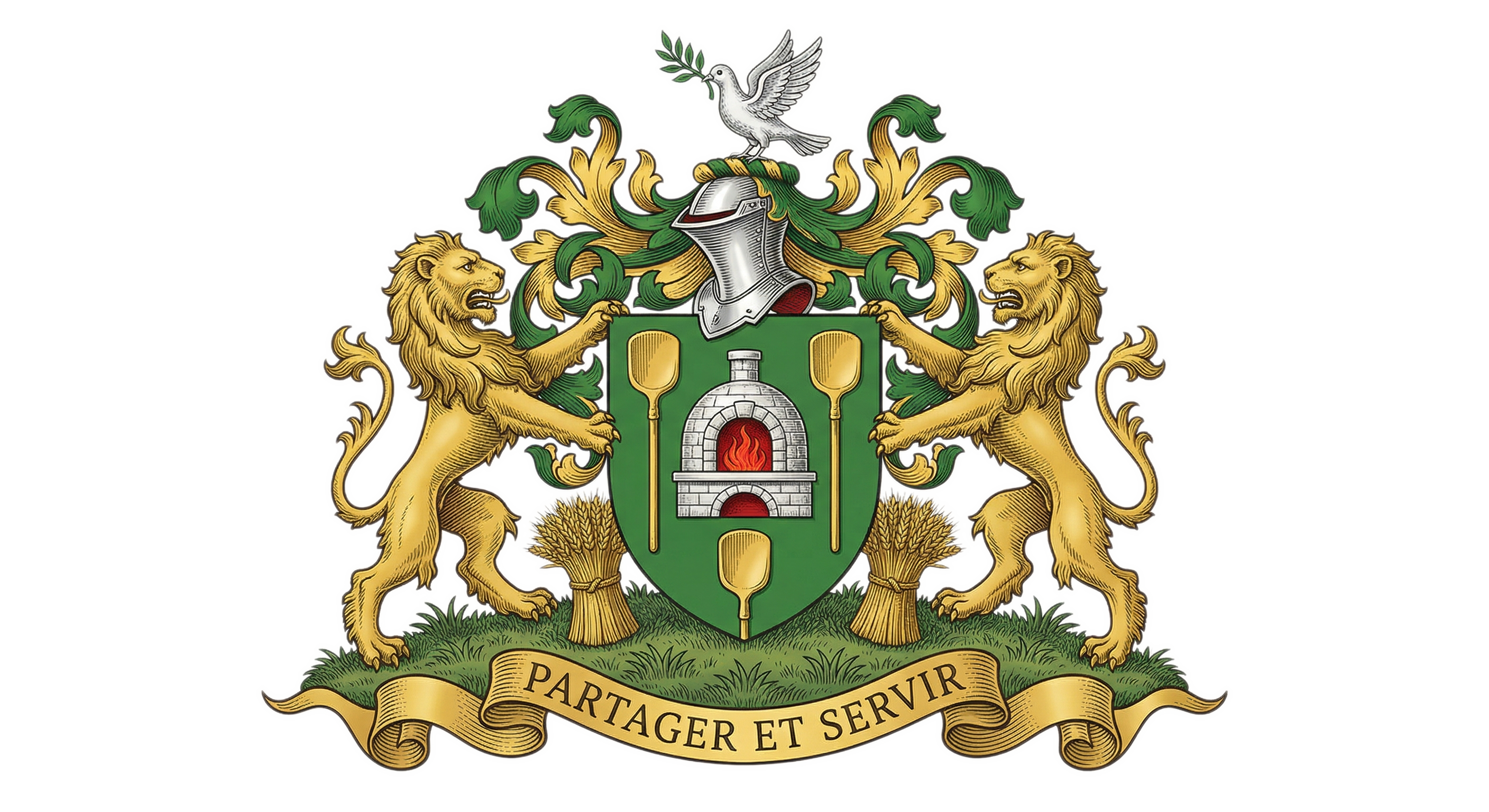 Blason de la famille Fournier — écu avec lions en supports, devise Partager et Servir